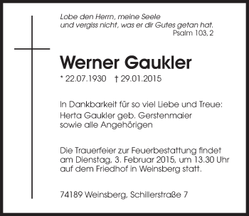 Traueranzeige von Werner Gaukler 