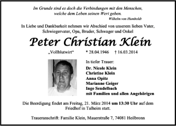 Traueranzeige von Peter Christian Klein 