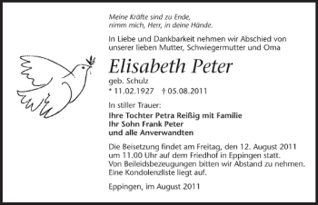 Traueranzeige von Elisabeth Peter 