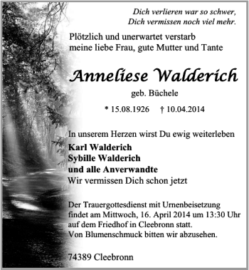 Traueranzeige von Anneliese Walderich 