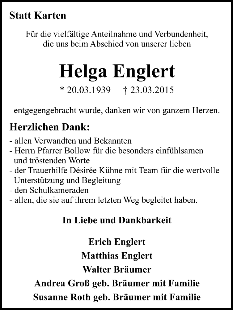  Traueranzeige für Helga Englert vom 02.05.2015 aus 