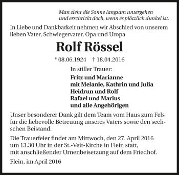 Traueranzeige von Rolf Rössel 