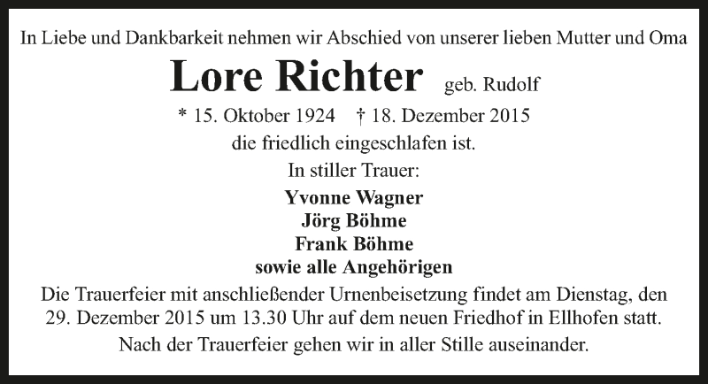  Traueranzeige für Lore Richter vom 24.12.2015 aus 