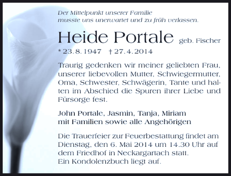  Traueranzeige für Heide Portale vom 30.04.2014 aus 