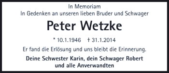 Traueranzeige von Peter Wetzke 