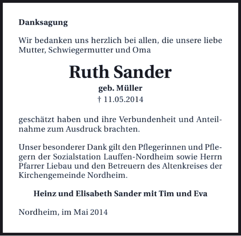  Traueranzeige für Ruth Sander vom 31.05.2014 aus 