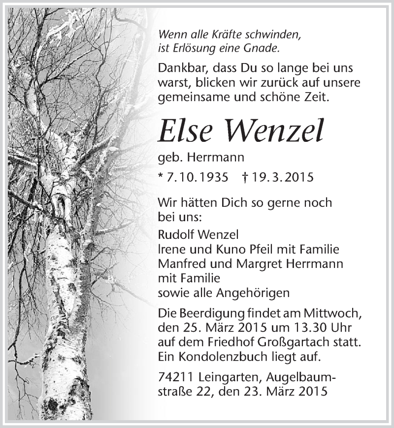  Traueranzeige für Else Wenzel vom 23.03.2015 aus 