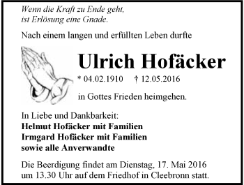 Traueranzeige von Ulrich Hofäcker 