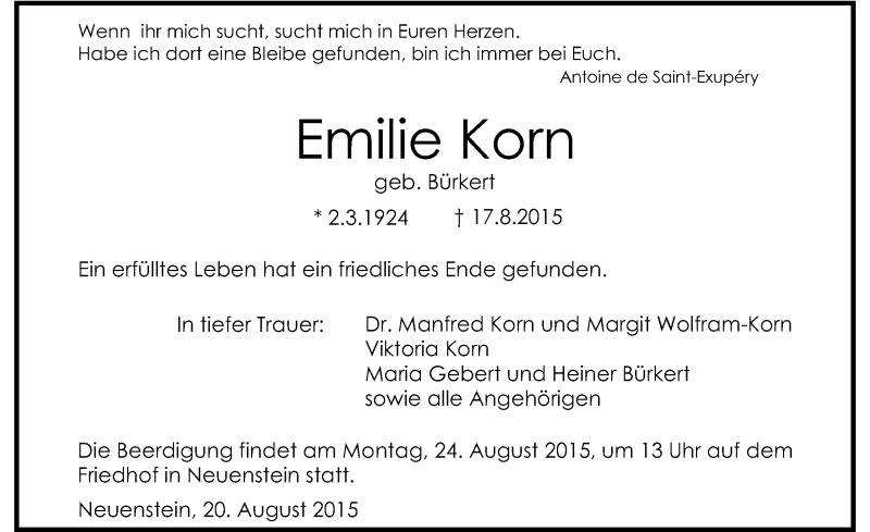  Traueranzeige für Emilie Korn vom 20.08.2015 aus 