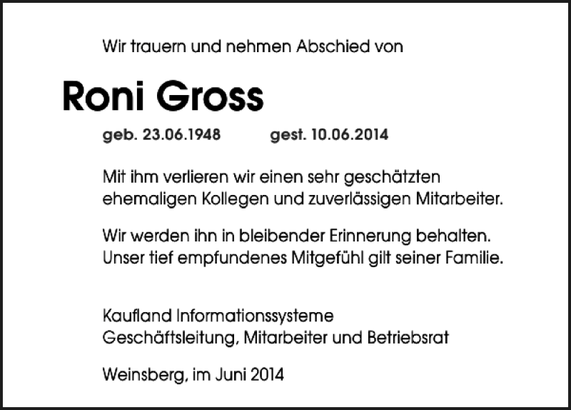  Traueranzeige für Roni Gross vom 14.06.2014 aus 