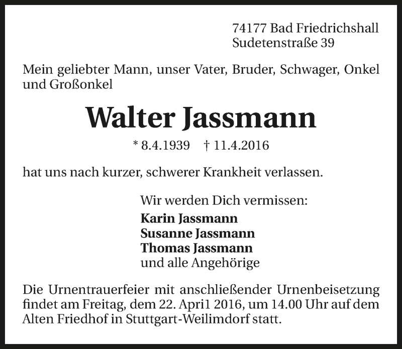  Traueranzeige für Walter Jassmann vom 18.04.2016 aus 