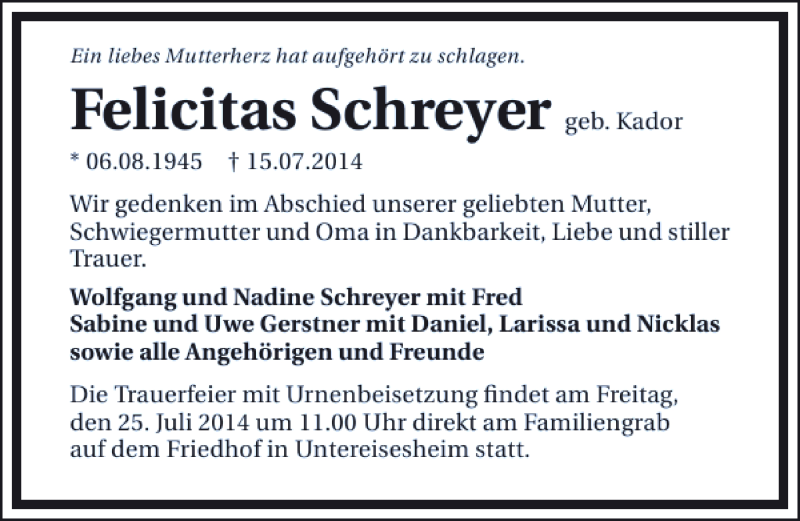  Traueranzeige für Felicitas Schreyer vom 19.07.2014 aus 