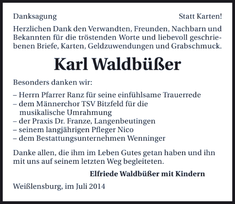  Traueranzeige für Karl Waldbüßer vom 25.07.2014 aus 