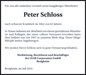 Traueranzeige von Peter Schloss 
