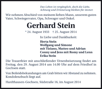 Traueranzeige von Gerhard Stein 