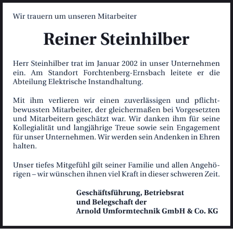  Traueranzeige für Reiner Steinhilber vom 28.08.2014 aus 