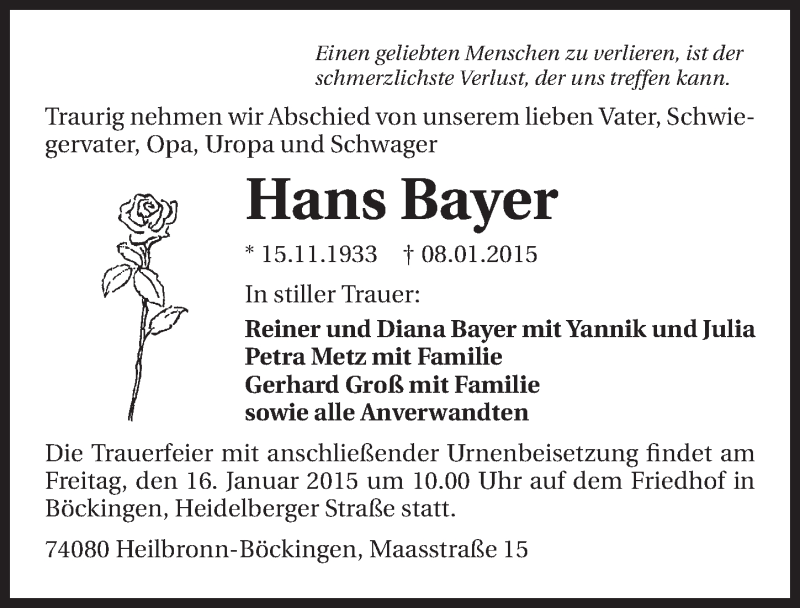  Traueranzeige für Hans Bayer vom 10.01.2015 aus 