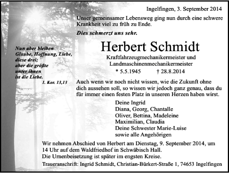  Traueranzeige für Herbert Schmidt vom 03.09.2014 aus 