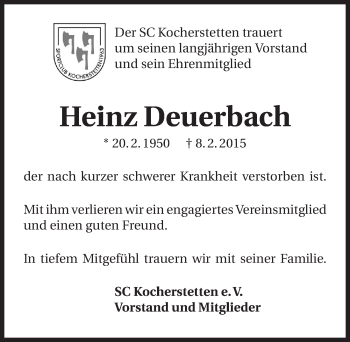 Traueranzeige von Heinz Deuerbach 