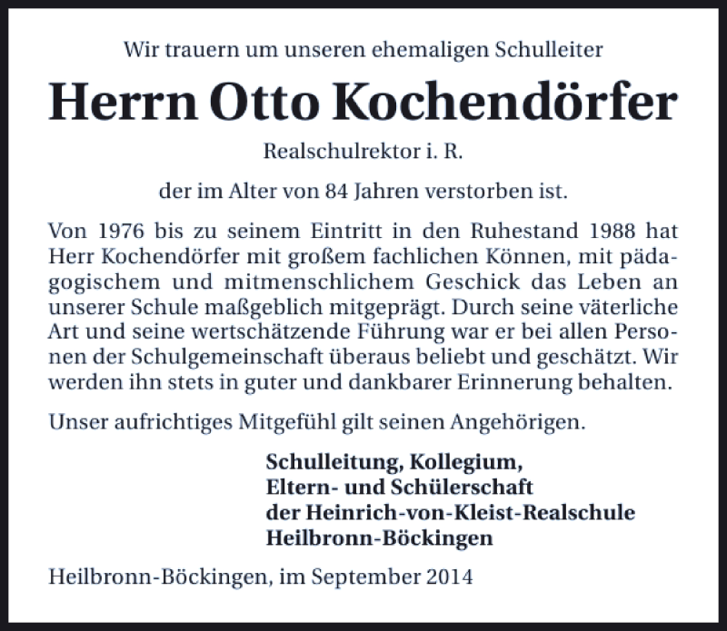  Traueranzeige für Otto Kochendörfer vom 04.09.2014 aus 