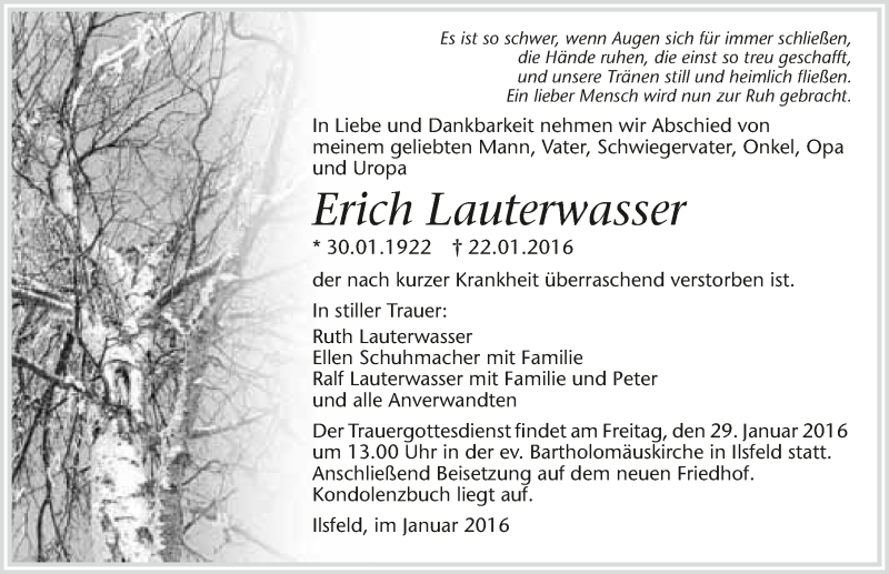  Traueranzeige für Erich Lauterwasser vom 26.01.2016 aus 