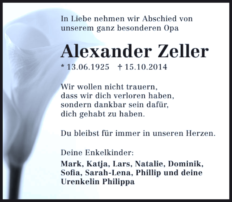  Traueranzeige für Alexander Zeller vom 18.10.2014 aus 