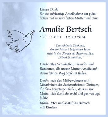 Traueranzeige von Amalie Bertsch 