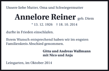 Traueranzeige von Annelore Reiner 