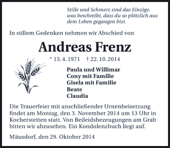 Traueranzeige von Andreas Frenz 