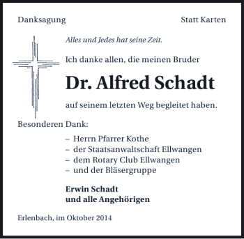 Traueranzeige von Dr. Alfred Schadt 