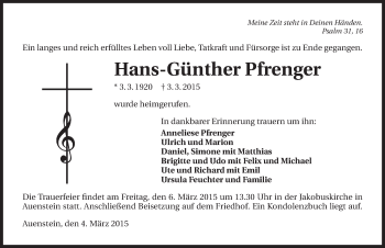 Traueranzeige von Hans-Günther Pfrenger 