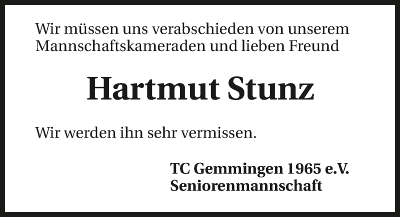  Traueranzeige für Hartmut Stunz vom 08.01.2016 aus 