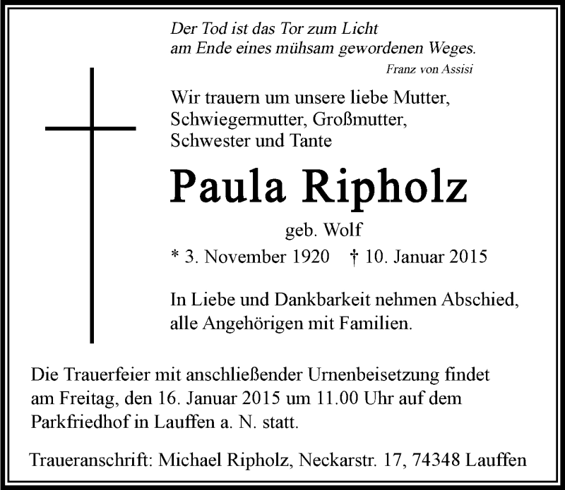  Traueranzeige für Paula Ripholz vom 13.01.2015 aus 
