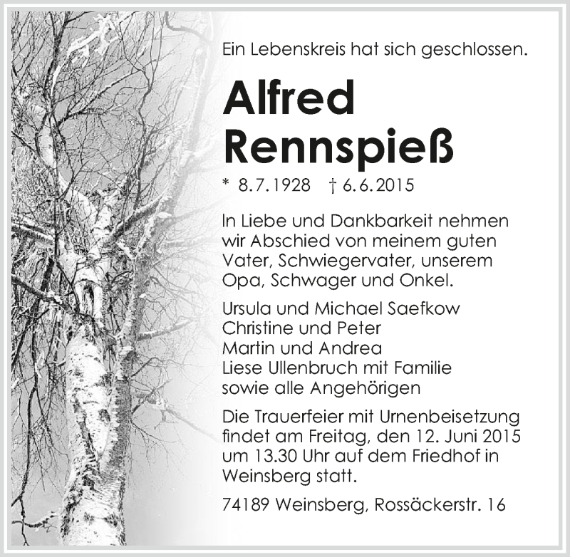  Traueranzeige für Alfred Rennspieß vom 09.06.2015 aus 
