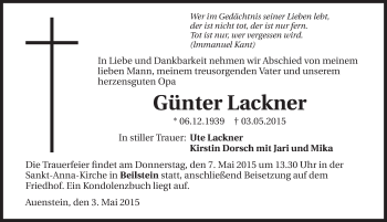 Traueranzeige von Günter Lackner 