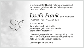 Traueranzeige von Josefa Frank 