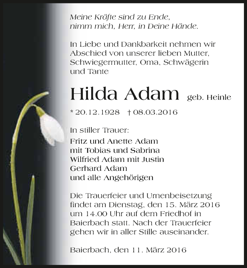  Traueranzeige für Hilda Adam vom 11.03.2016 aus 