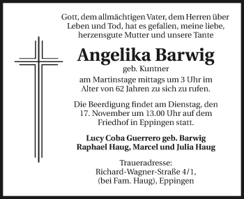 Traueranzeige von Angelika Barwig 