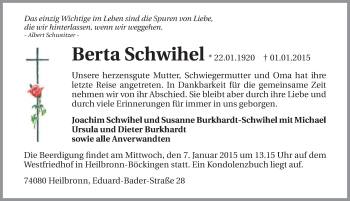 Traueranzeige von Berta Schwihel 