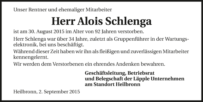  Traueranzeige für Alois Schenga vom 03.09.2015 aus 