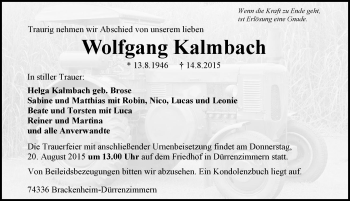 Traueranzeige von Wolfgang Kalmbach 