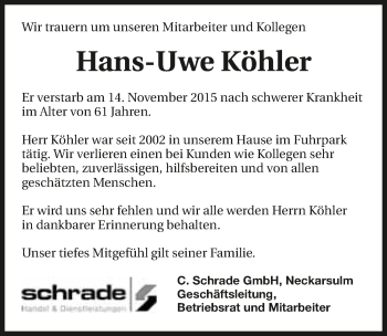 Traueranzeige von Hans-Uwe Köhler 
