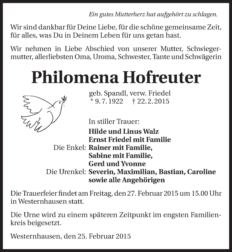  Traueranzeige für Philomena Hofreuter vom 25.02.2015 aus 