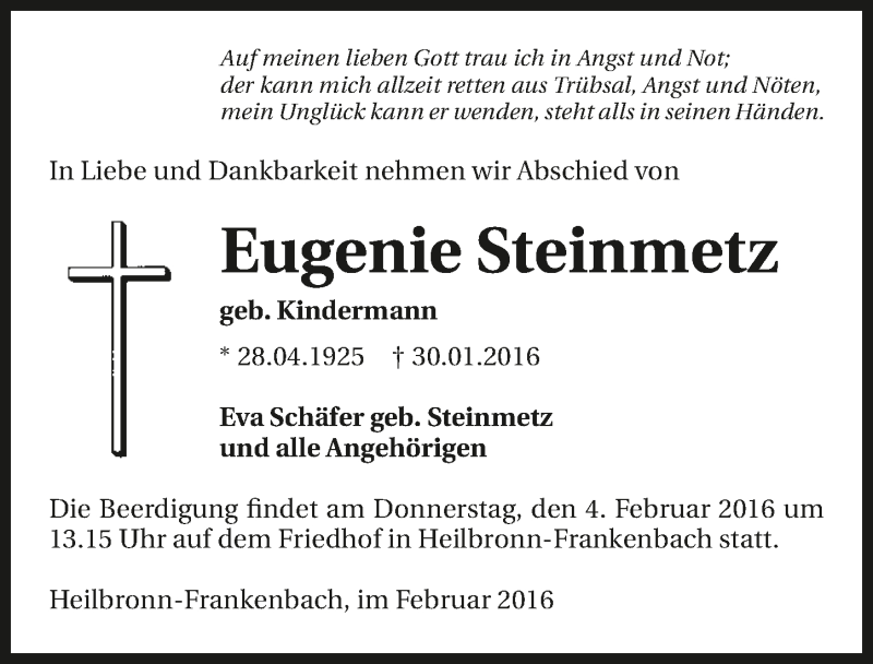  Traueranzeige für Eugenie Steinmetz vom 03.02.2016 aus 