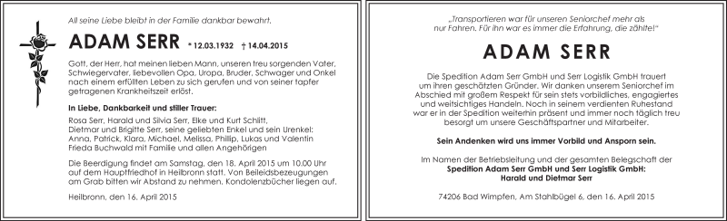  Traueranzeige für Adam Serr vom 16.04.2015 aus 