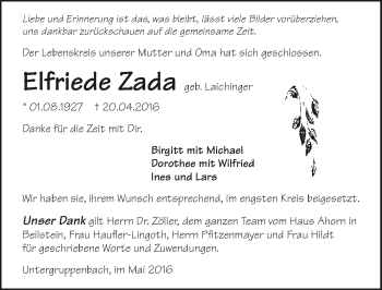 Traueranzeige von Elfriede Zada 