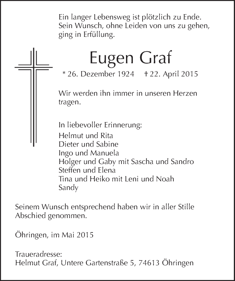  Traueranzeige für Eugen Graf vom 02.05.2015 aus 