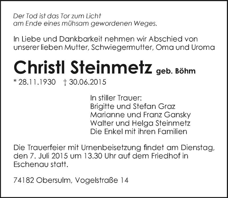  Traueranzeige für Christl Steinmetz vom 04.07.2015 aus 