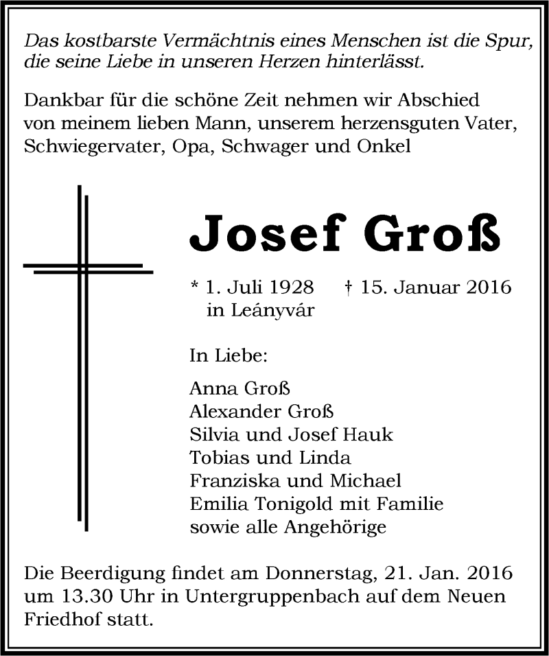  Traueranzeige für Josef Groß vom 18.01.2016 aus 