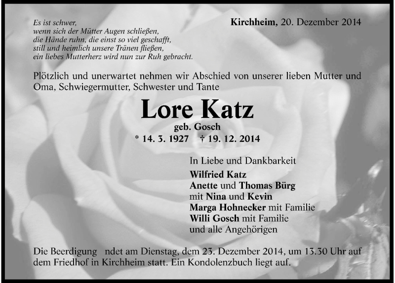  Traueranzeige für Lore Katz vom 20.12.2014 aus 